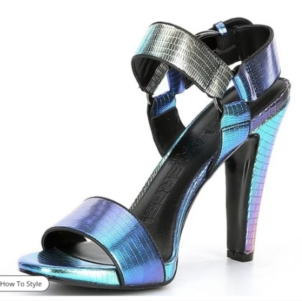 NWT KARL LAGERFELD PARIS Cieone Iridescent Embossed Ankle Strap Sandals